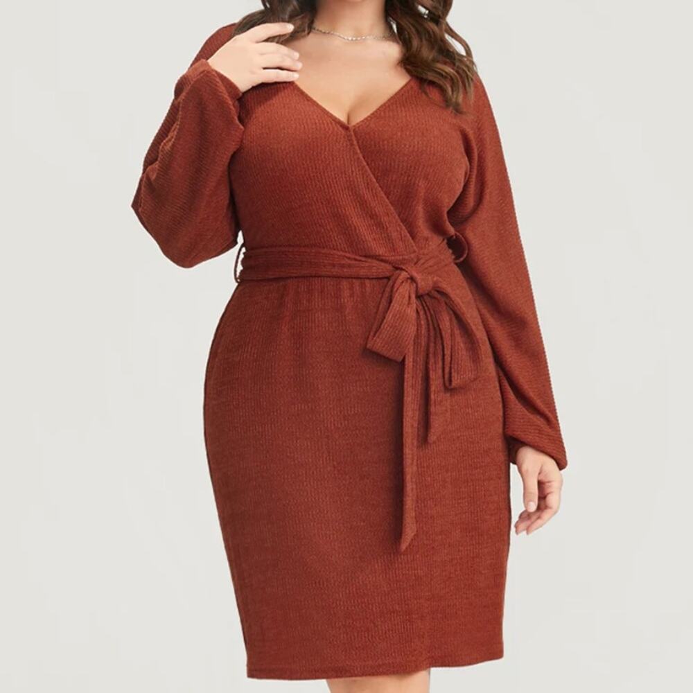 BloomChic Solid Surplice Neck Belted Knit Dress - Russet Size 18-20